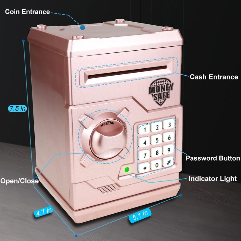 Qwifyu Piggy Bank for Boys Girls, 4 5 6 7 8 9 10 Year Old Girl Boy Birthday Gift Ideas, Electronic Password Money Saving Box ATM, Great Gift Safe Bank Toys for Kids (Rose Gold) - Image 2